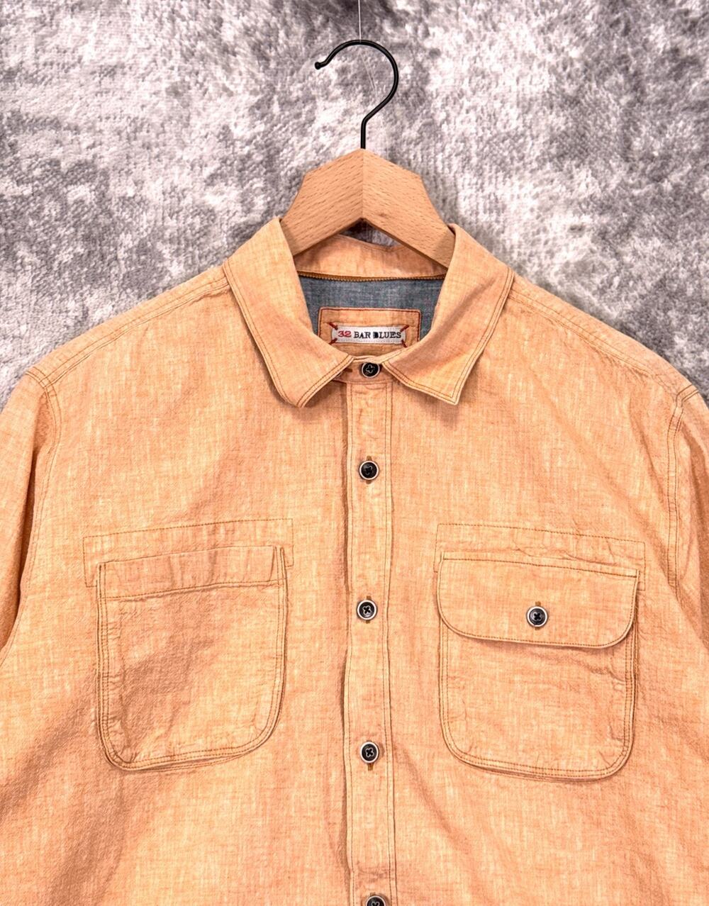 32 Bar Blues Shirt Large Mens Orange Cotton Linen Utility Pockets Long Sleeve